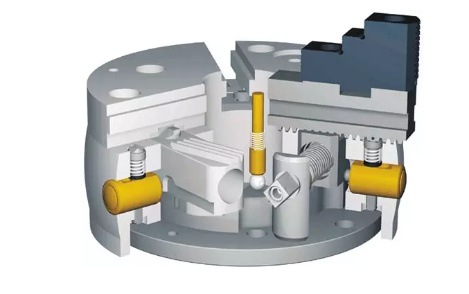 SCHUNK卡盤的基本結(jié)構(gòu)包括強(qiáng)化處理的卡盤基體，充分的油脂潤(rùn)滑，磨損極為輕微。因此保持高精度下更長(zhǎng)的使用壽命。獨(dú)具特色的外輪廓設(shè)計(jì)，使盡量少的冷卻液殘留在機(jī)床主軸或主軸軸承處。極端穩(wěn)固的盤體防止了因更高的夾持力及徑向負(fù)荷導(dǎo)致的精度失穩(wěn)狀況。大通孔，利于大尺寸棒料的通過(guò)及自動(dòng)上下料 。基爪——通用性好，與F型及Duro型匹配。  　　卡爪快換系統(tǒng)：使用獨(dú)立鎖緊的卡爪，保持高精度的同時(shí)，極大縮短輔助時(shí)間(調(diào)整、更換)。